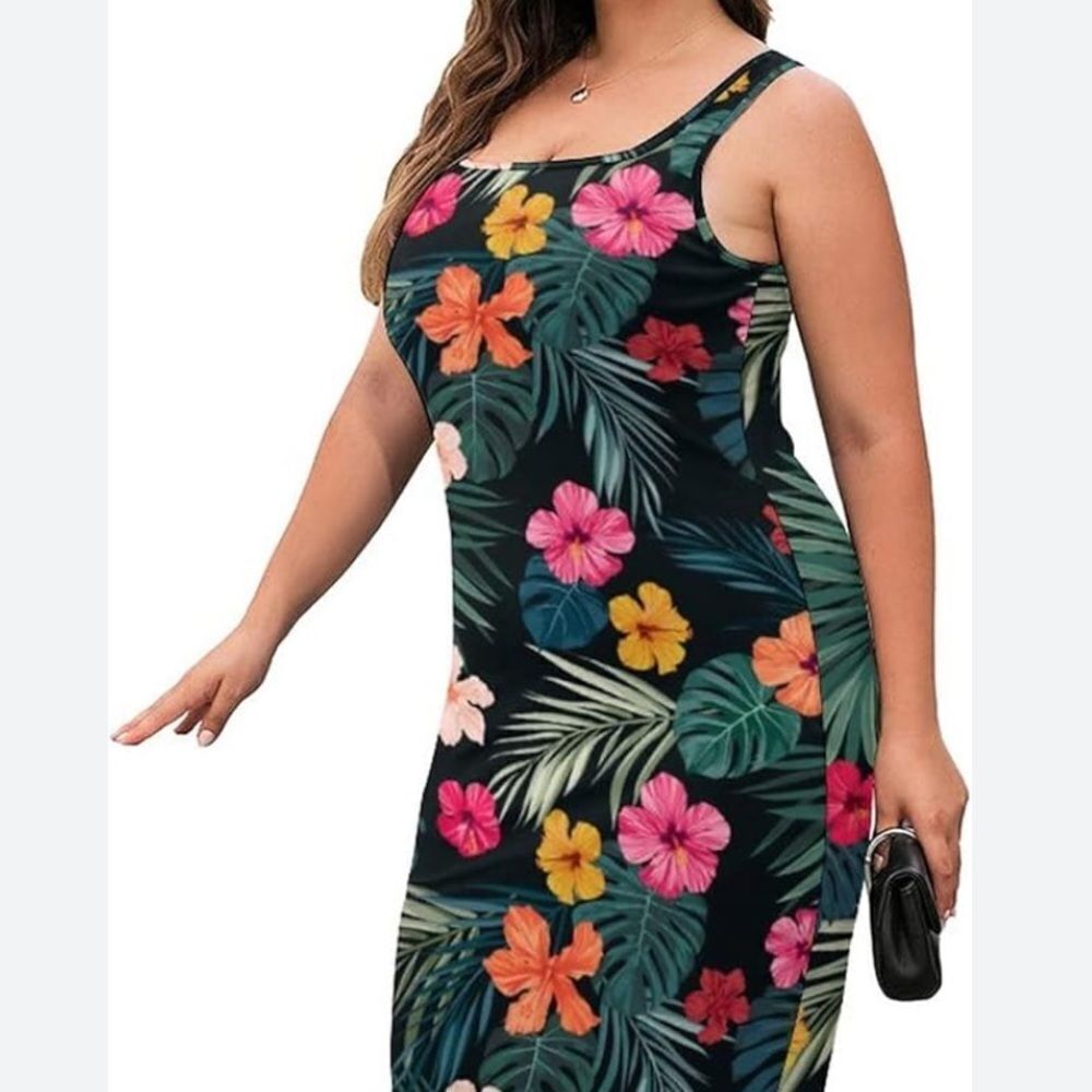Popular Basics Floral Tropical Print Sleeveless Stretch Women’s Dress Size M